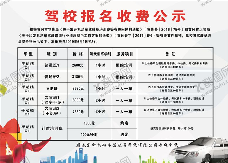 编号：74251605181409514419【酷图网】源文件下载-驾校报名收费公示