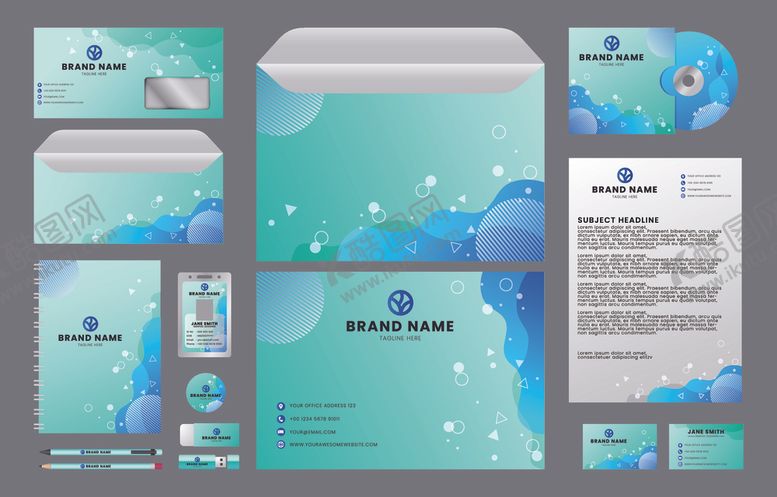 编号：25030311021549459942【酷图网】源文件下载-蓝绿色系办公文具设计套装