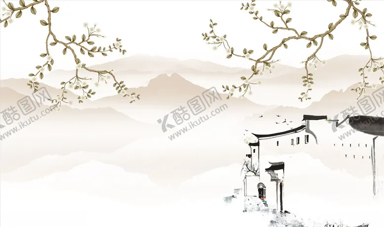 编号：83371306161710507134【酷图网】源文件下载-花鸟画马头墙背景墙