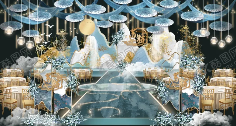编号：98352109131011338161【酷图网】源文件下载-梦幻蓝金婚礼舞台布置仪式区
