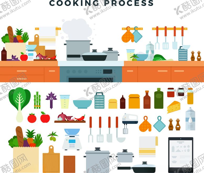 编号：62480011220157468676【酷图网】源文件下载-厨房烹饪过程中的多样物品