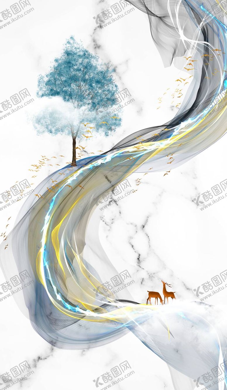 编号：65314709171823335410【酷图网】源文件下载-中式飘带金色麋鹿意境山水装饰画