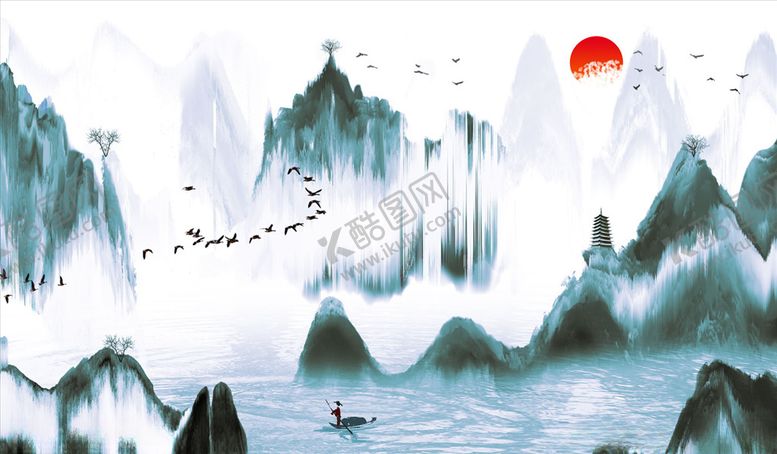 编号：69295905042134577080【酷图网】源文件下载-水墨山水小船背景墙