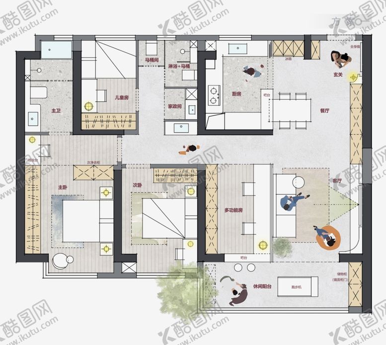 编号：49506904140145063974【酷图网】源文件下载-现代简约风三室户型平面图