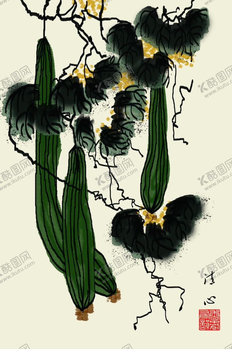 编号：69826307041556255359【酷图网】源文件下载-黄瓜水墨装饰画