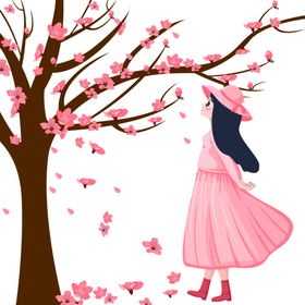 少女桃花树下唯美插画卡通素材