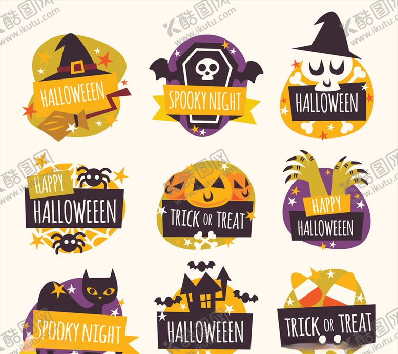 编号：30169709281712482133【酷图网】源文件下载-9款创意万圣节语言标签矢量素材
