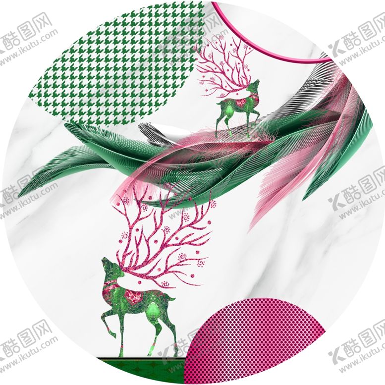 编号：39924511300326136360【酷图网】源文件下载-水彩羽毛麋鹿圆形挂画装饰画