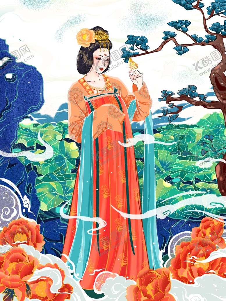 编号：60161010141446148778【酷图网】源文件下载-手绘国潮仕女图树枝假山