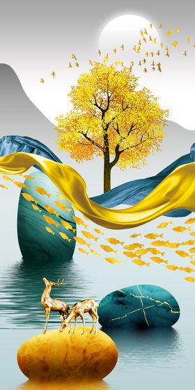 新中式发财树麋鹿玄关