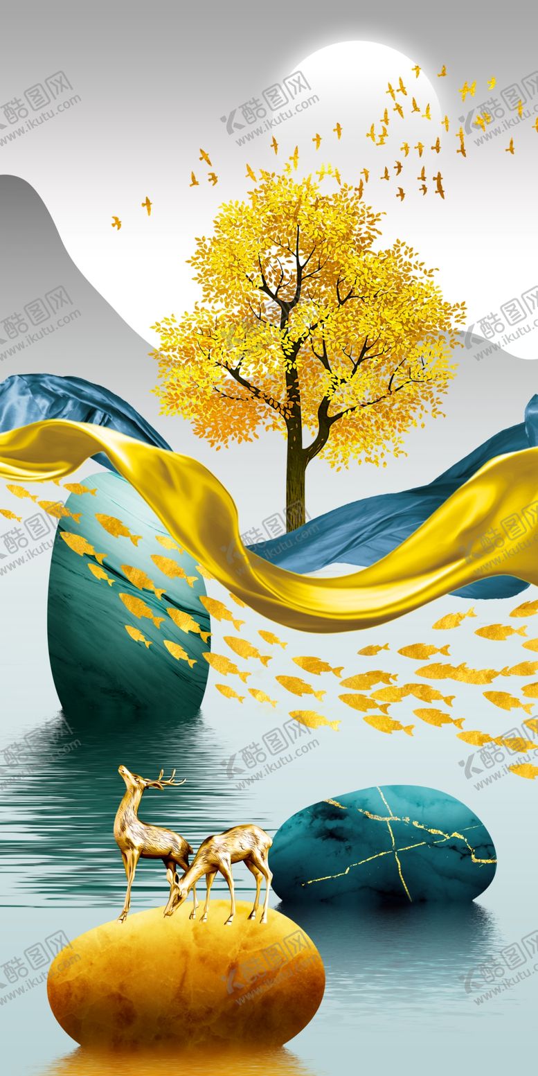 编号：49625710311300325501【酷图网】源文件下载-新中式发财树麋鹿玄关