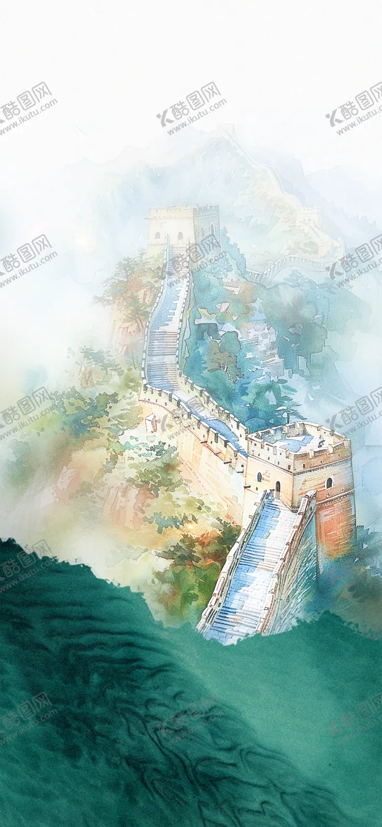 编号：40108502170615172598【酷图网】源文件下载-水彩长城手机海报背景