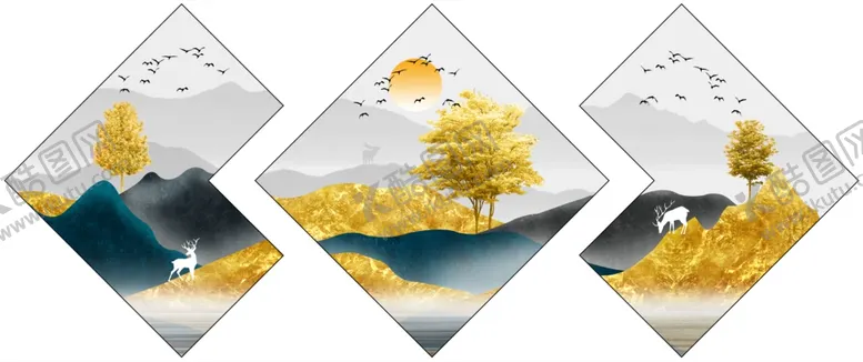 编号：71104201121859244954【酷图网】源文件下载-金色麋鹿山水意境晶瓷画