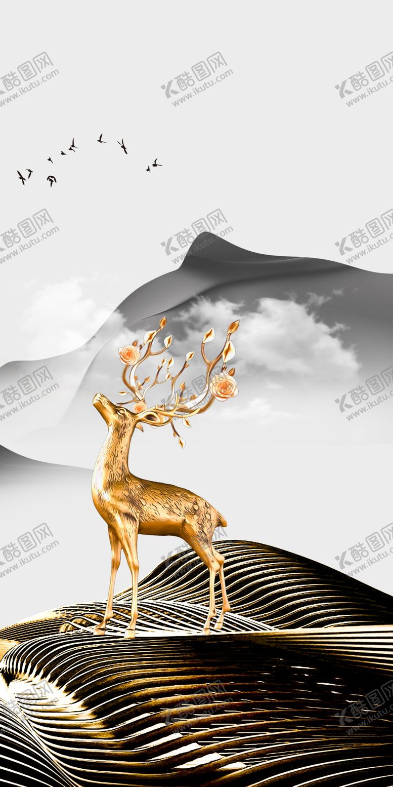 编号：70456512051022173487【酷图网】源文件下载-水墨山脉麋鹿艺术挂画装饰画