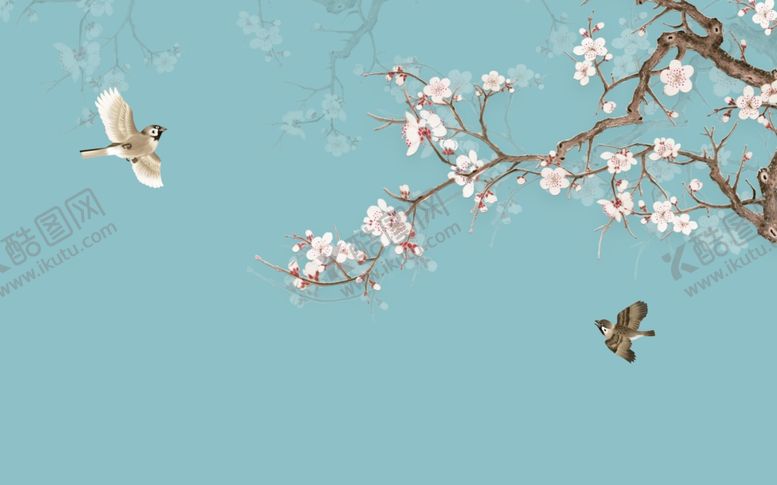 编号：94182210011417086184【酷图网】源文件下载-花鸟画手绘画鸟梅花背景墙