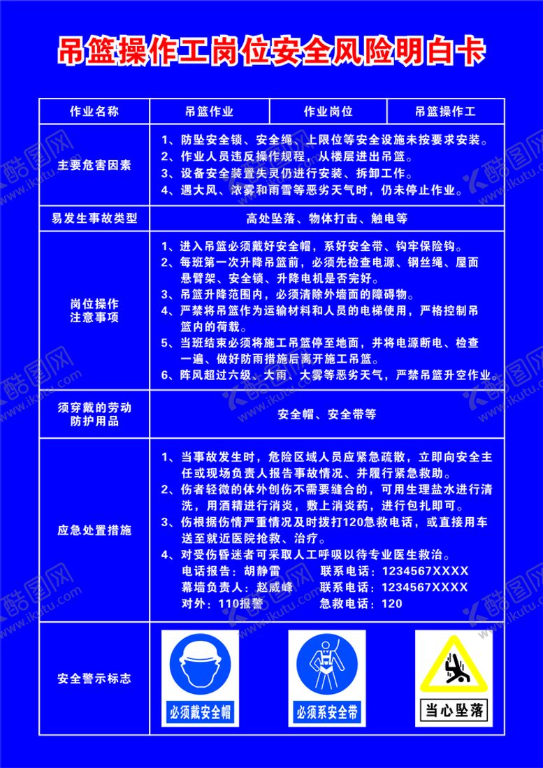 编号：73108510252254413793【酷图网】源文件下载-吊篮操作工岗位安全风险明白卡
