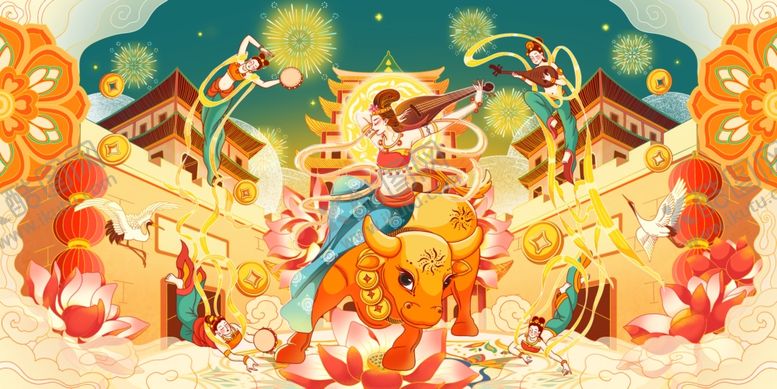 编号：16120909290258379514【酷图网】源文件下载-牛年敦煌壁画