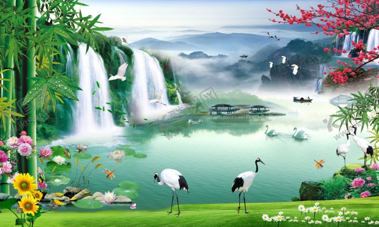 编号：35739305130302372709【酷图网】源文件下载-瀑布梅花富贵竹丹顶鹤山水画