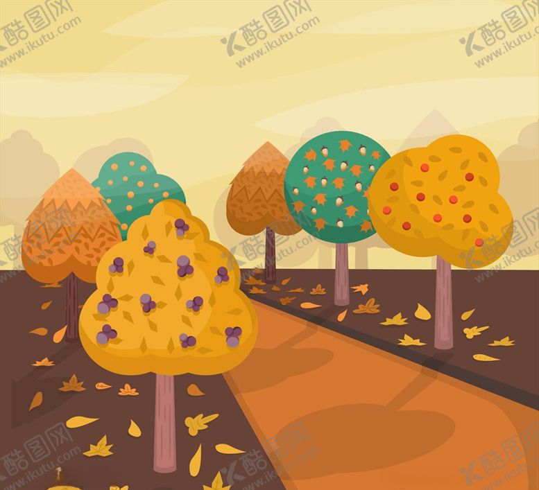编号：96098307030712344346【酷图网】源文件下载-卡通秋季树木道路风景