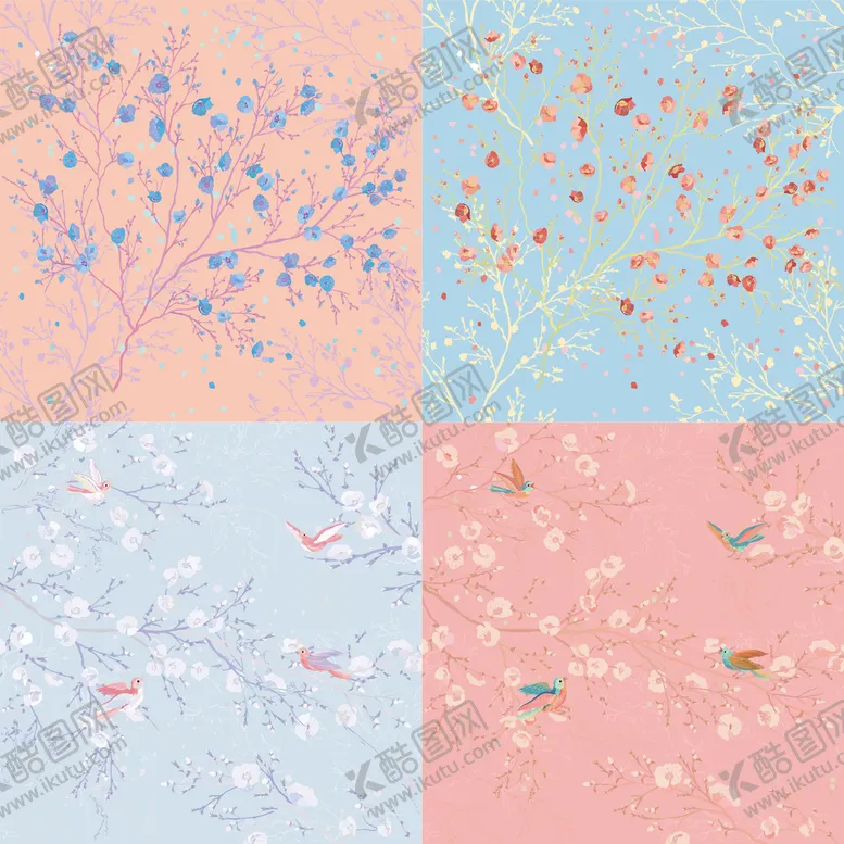 编号：07468910090405550781【酷图网】源文件下载-撞色手绘矢量插画花鸟背景