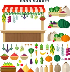 食品市场摊位与多样蔬果