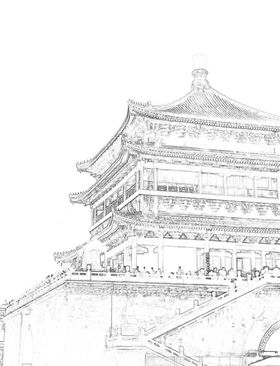 城楼古建筑黑白线条画