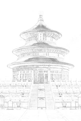 三层塔古建筑黑白画