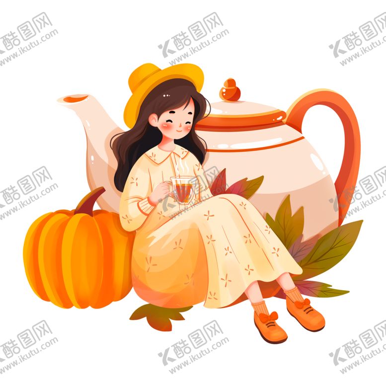编号：18641202141649032554【酷图网】源文件下载-秋天南瓜茶壶人物场景图透明底图