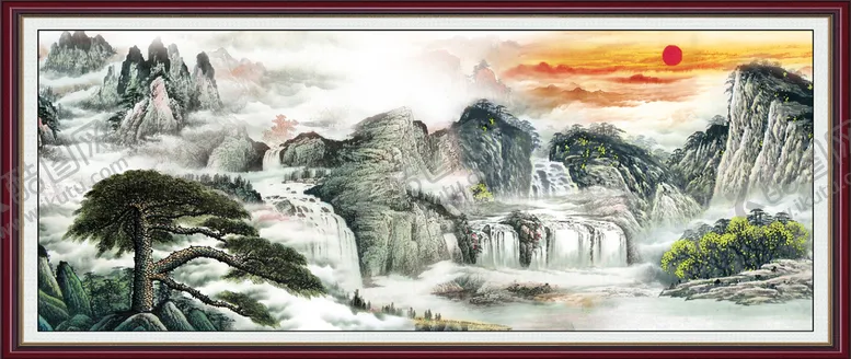 编号：19083409140750463218【酷图网】源文件下载-山水画，国风，旭日东升，迎客松