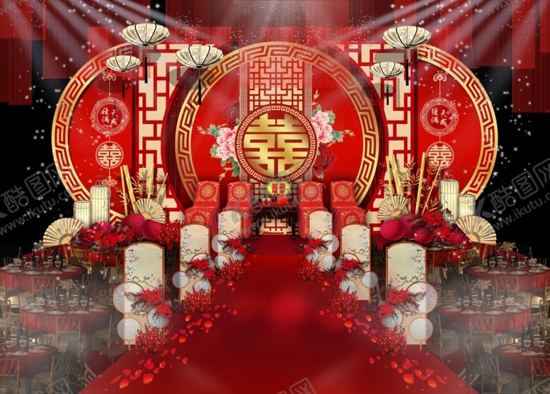 编号：61192810080340032376【酷图网】源文件下载-红色中式婚礼舞台效果图