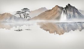 水墨山水松树背景墙