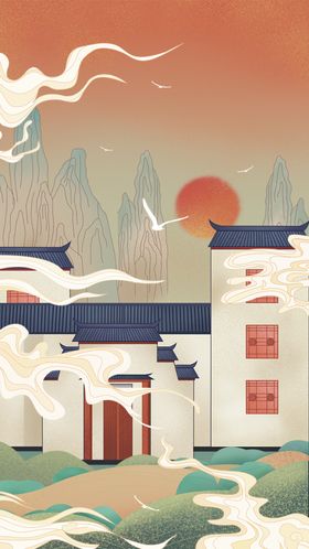 橙黄色国潮中手绘插画H5引导页