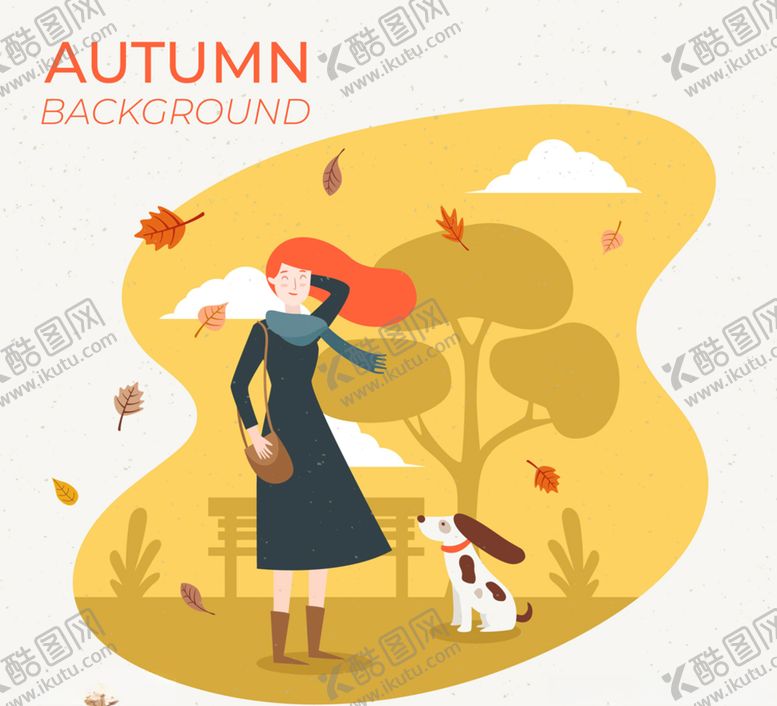 编号：33741609142053275421【酷图网】源文件下载-创意秋季女子和宠物狗矢量素材