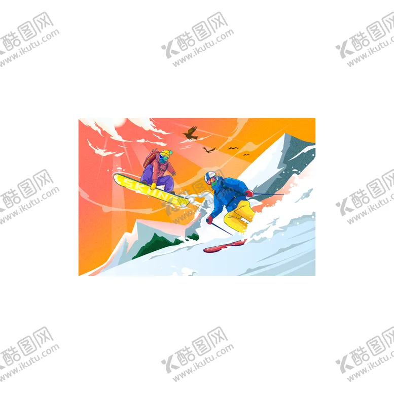 编号：49250609201432372786【酷图网】源文件下载-冬季雪山飞跃滑雪卡通插画
