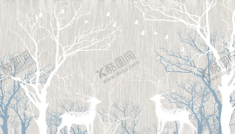 编号：54907004190616088181【酷图网】源文件下载-水墨画鹿树林背景墙