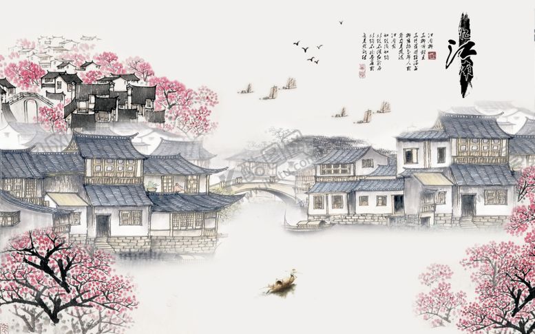 编号：50294509260102355794【酷图网】源文件下载-江南水乡梅花小船背景墙