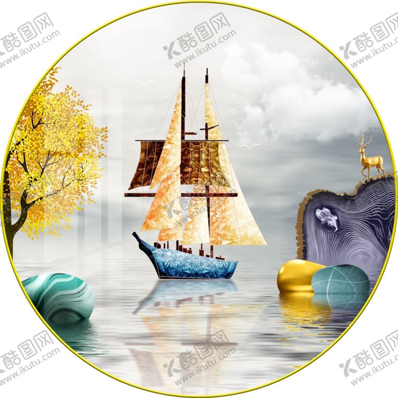 编号：30626209211241378210【酷图网】源文件下载-石来运转麋鹿山水圆形装饰画图片