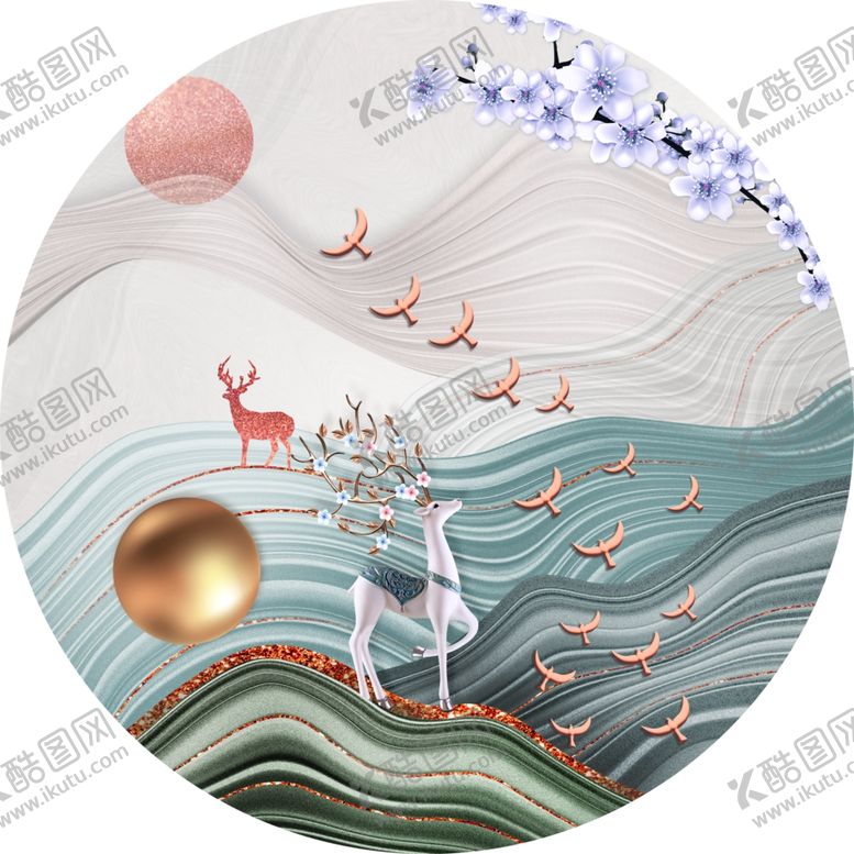 编号：18652909160935567896【酷图网】源文件下载-飞鸟麋鹿高清艺术挂画装饰画