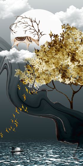 手绘麋鹿玄关画