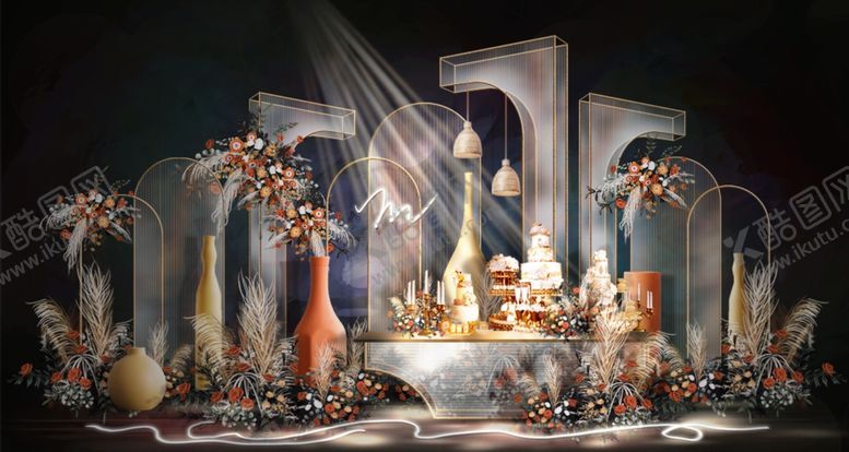 编号：79134309260412123630【酷图网】源文件下载-阳光板造型质感婚礼甜品区效果图