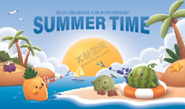编号：44466106300302379423【酷图网】源文件下载-夏日海滩卡通风景画面
