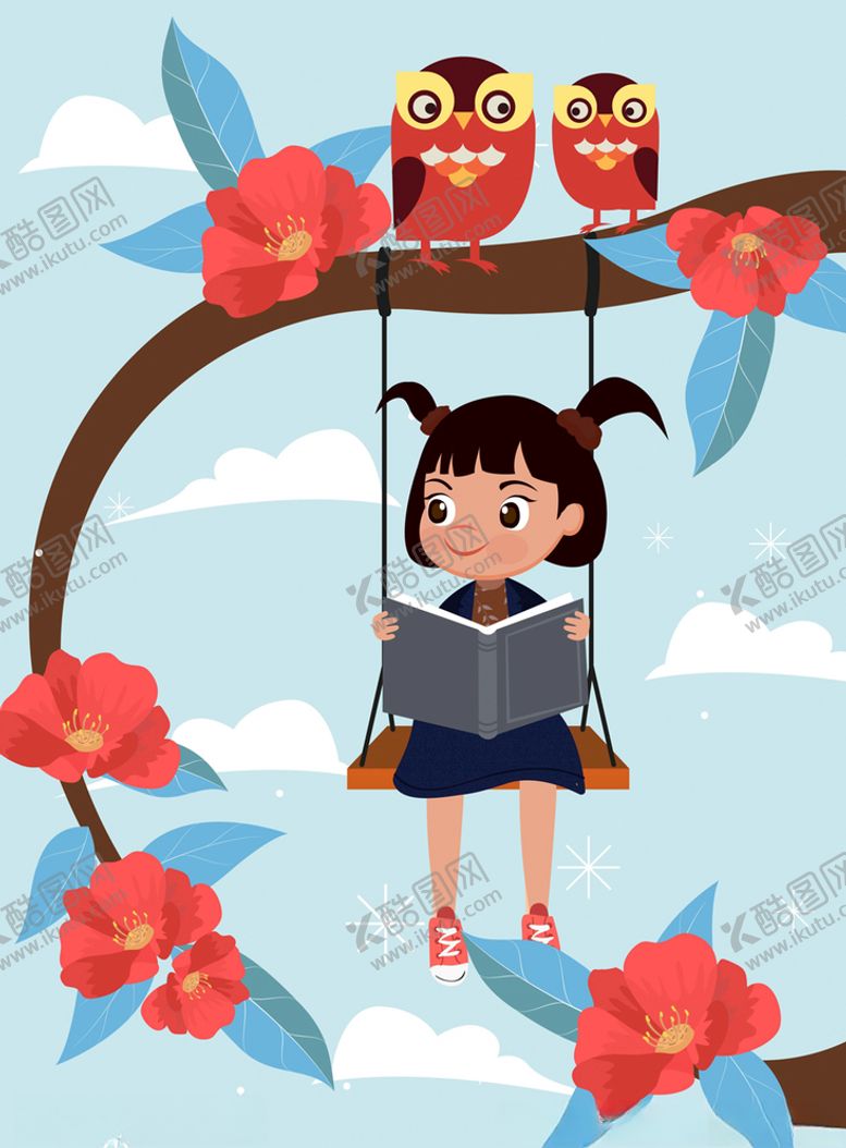 编号：72774110041428275786【酷图网】源文件下载-读书荡秋千的小女孩