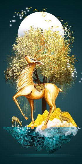 新中式抽象烟雾线条麋鹿发财树