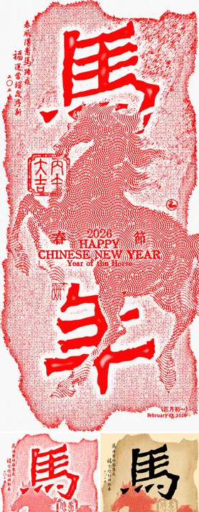 马年除夕春拓印风创意海报（2种滤镜）
