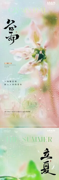 谷雨立夏粉色花朵海报