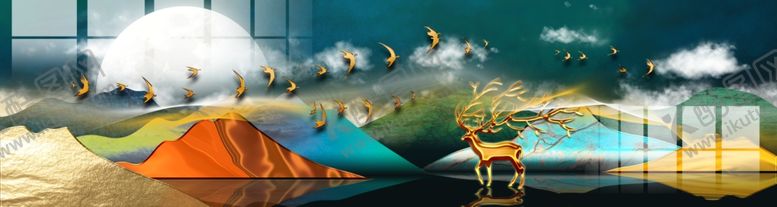 编号：29582710281459325727【酷图网】源文件下载-原创北欧麋鹿发财树晶瓷装饰画