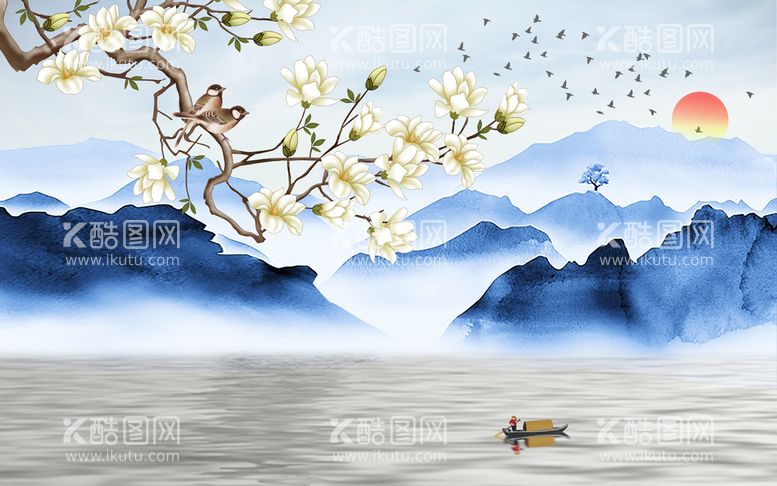 编号：93480509291128245273【酷图网】源文件下载-蓝色水墨山水背景墙