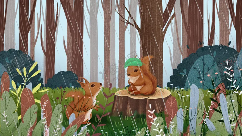 编号：73191504091623513208【酷图网】源文件下载-森林中松鼠在树桩旁活动