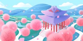 凉亭清新传统复古插画背景素材