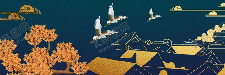 编号：25878910071127312754【酷图网】源文件下载-屋檐烫金复古插画背景素材